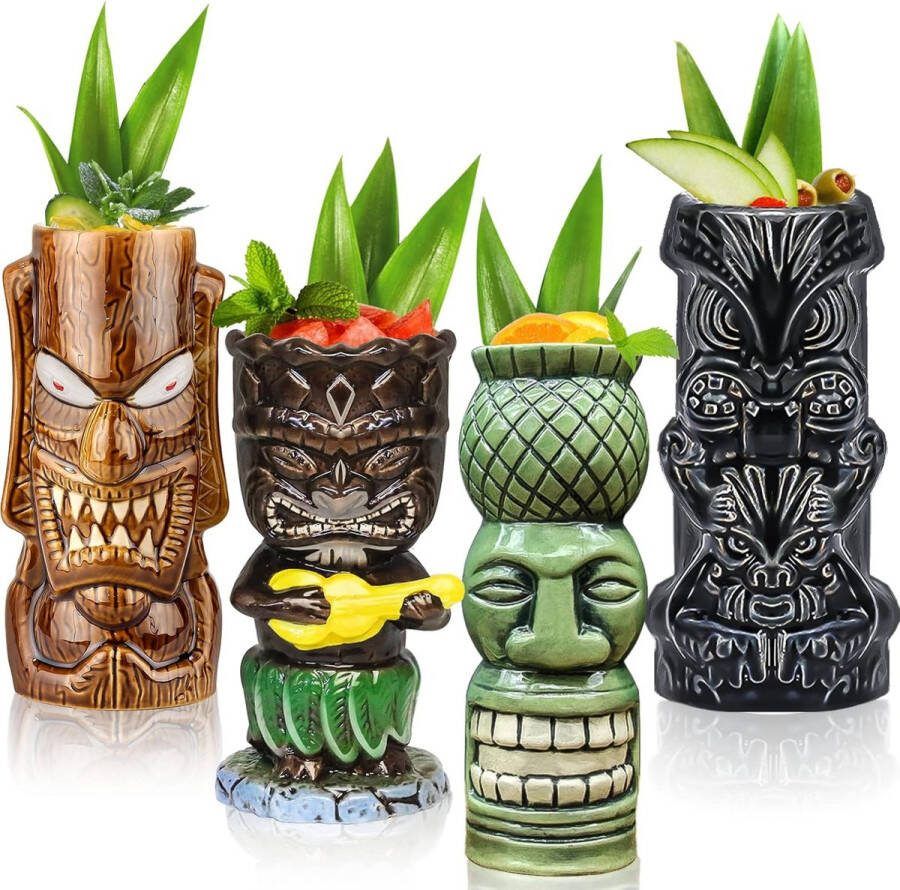 Set van 4 Tiki-glazen voor cocktails grote tropische keramische kopjes Hawaii Tiki Party creatieve cocktailglazen bar drinkgerei premium tropisch exotisch bargerei