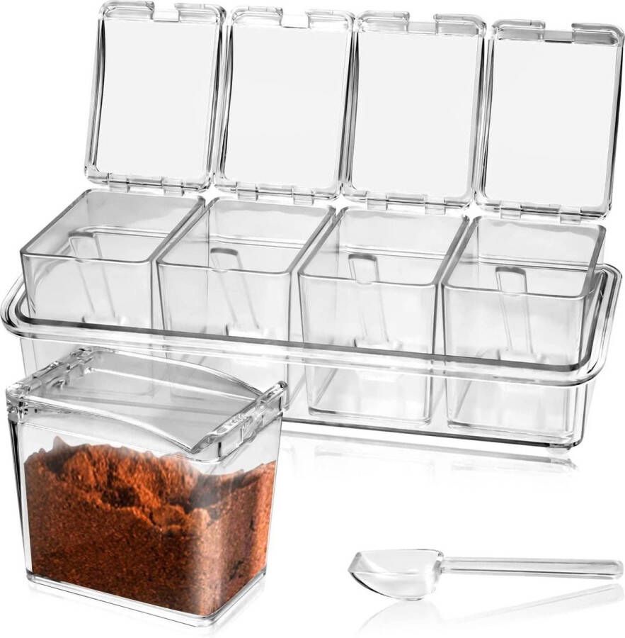 Set van 4 transparante acryl kruidenpotjes met lepels en afdekkingen ideaal voor zout peper suiker en specerijen Kruidenpotjes