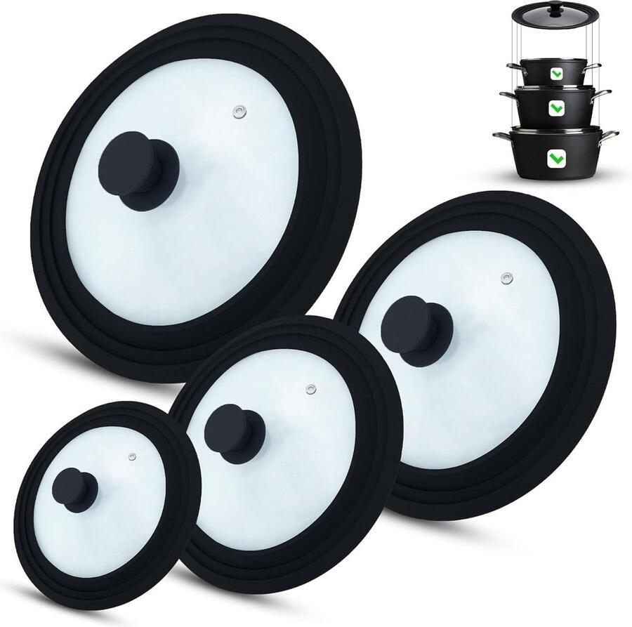 Set van 4 universele glazen deksels 16-18-20 cm en 20-22-24 cm en 24-26-28 cm en 28-30-32 cm met uitlaatventiel en siliconen rand zwart