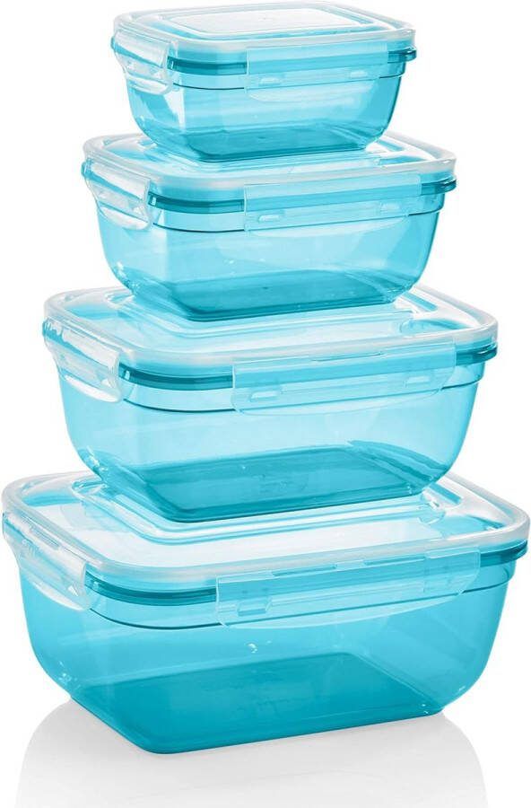 Set van 4 vershouddozen (0 4 l 0 8 l 1 4 l 2 3 l) rechthoekig kunststof 100% lucht- waterdicht magnetronbestendige voorraaddozen petrol
