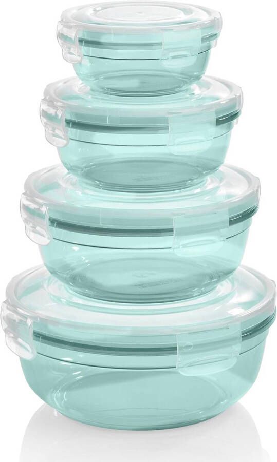 Set van 4 vershouddozen (0 4 l 0 8 l 1 4 l 2 3 l) rond kunststof 100% lucht- waterdicht magnetronbestendige voorraaddozen mint