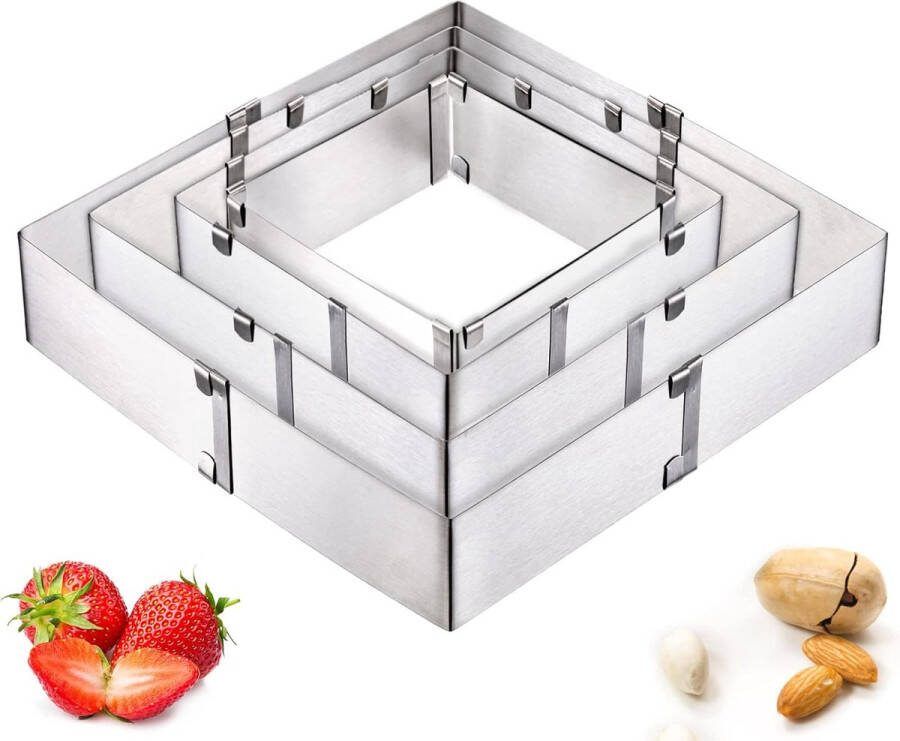 Set van 4 vierkante cakevormen ring verstelbaar van 15 cm tot 28 cm roestvrijstalen moussetaartring bakvormen gereedschap voor het maken van gebak voor verjaardagstaart feestdessert handgemaakte snack