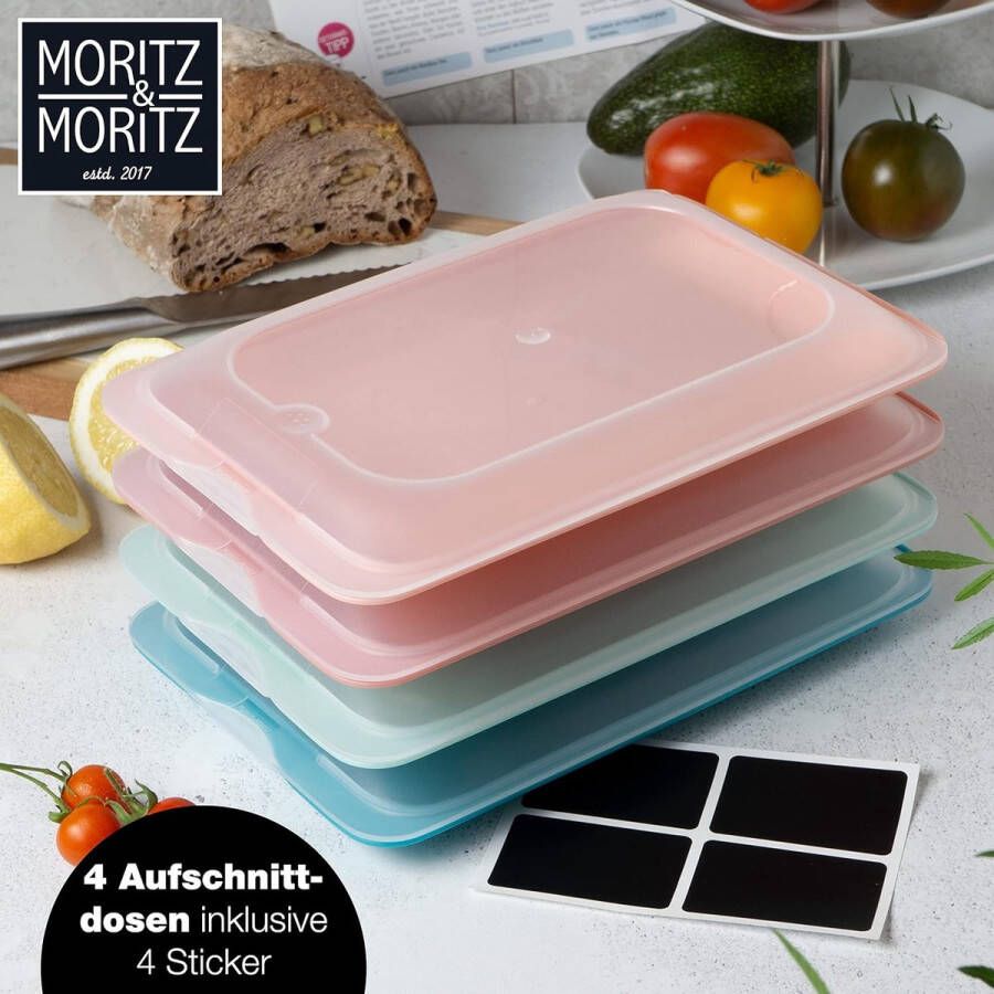 Set van 4 vleeswarendozen stapelbaar vershouddozen met deksel voor het bewaren van worst kaas enz. – incl. bordstickers om te beschrijven