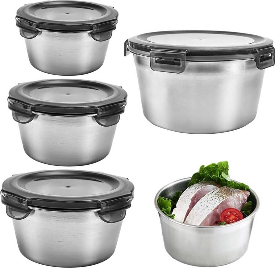 Set van 4 voedselcontainers roestvrijstalen Bento-lunchbox opslagcontainer voedselkeukencontainerset voedselopslagdoos met deksel voor pasta salade verse room fruit brood