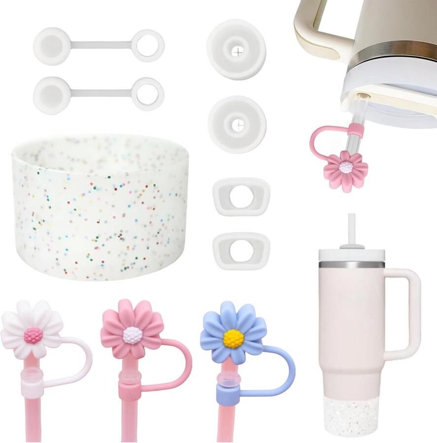 Set van 4 voor Stanley Cup Adventure Quencher 40oz accessoires 1 x bodembeschermer en 3 x rietjeshoes voor 9-10 mm rietje. Schattige bloem (beker niet inbegrepen)
