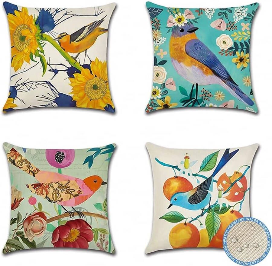 Set van 4 waterdichte kussenhoezen retro bloemen vogels ademende kussenslopen voor buiten balkon terras patio tuin boerderij 45 x 45 cm