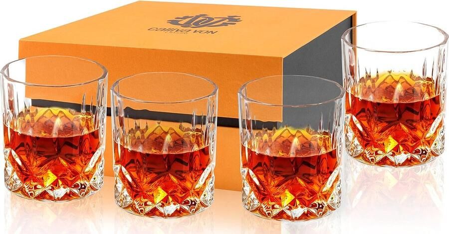 Set van 4 whiskyglazen gemaakt van loodvrij kristal met een inhoud van 300 ml geschikt voor cocktails margarita's martini's Scotch en cognac. Wordt geleverd in een prachtige geschenkdoos