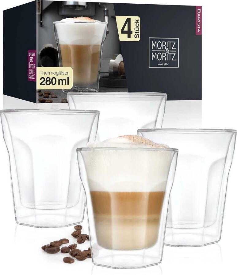 Set van 4 x 280 ml cappuccinoglazen dubbelwandig 280 ml dubbelwandige glazen voor koffie thee longdrinks of dessert vaatwasmachinebestendig