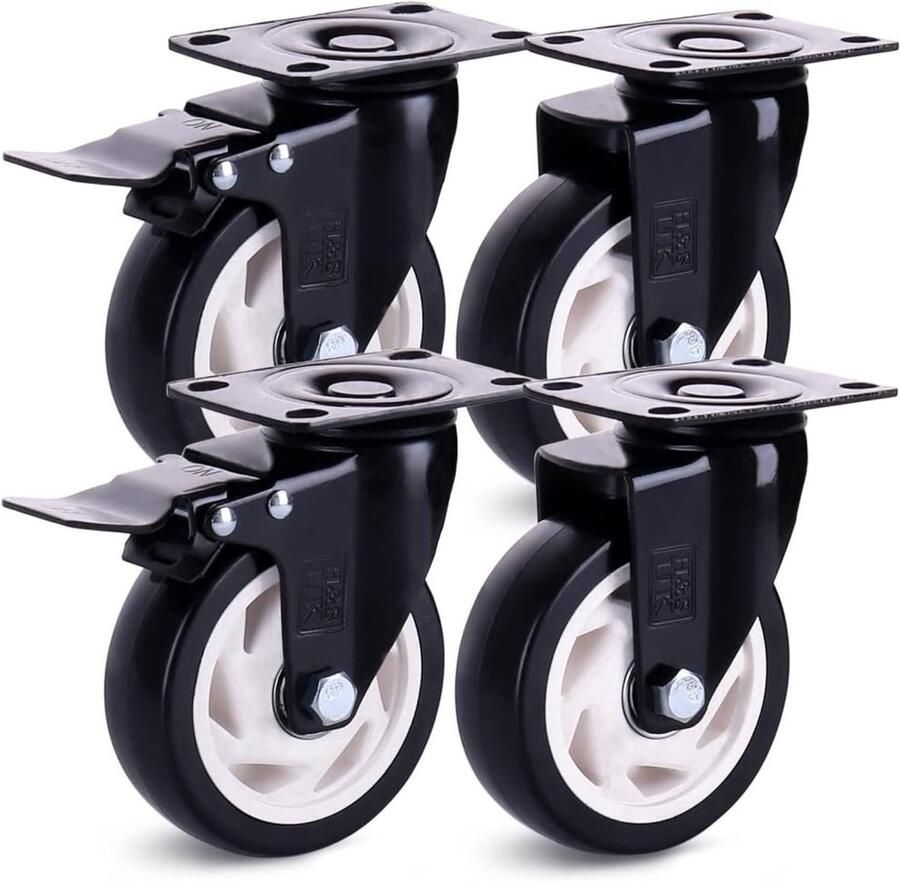 Set van 4 zwarte 100 mm PU-rubberen wielen met rem en dubbele kogelgelagerde zwenkkoppen zware wielen tot 600 kg wielen ook voor buitengebruik wielen voor werkbank