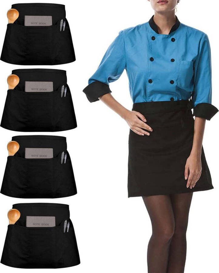 Set van 4 zwarte schorten waterdicht kookschort met zakken dames herenschort voor keuken ober barbecue bistro grill rug bistro restaurant kort schort 15 75 * 23 62
