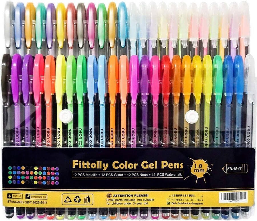Set van 48 gelpennen inclusief glitter metallic pastel 4 soorten om te tekenen voor volwassenen en kleurboeken
