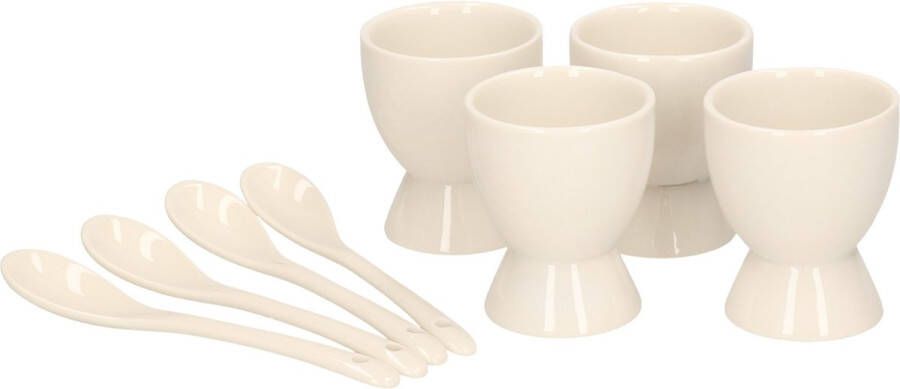 Set van 4x eierdopjes met lepel wit porselein 6 cm Ontbijt en lunch Pasen tafeldecoratie