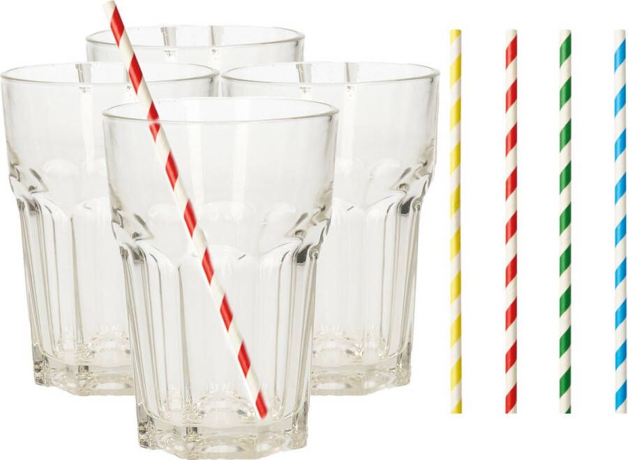 Merkloos Set van 4x longdrink glazen en 100x duurzame papieren rietjes 360 ml Drinkglazen