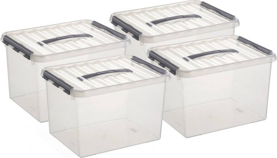Sunware Set van 4x stuks opberg box opbergdoos 22 liter 40 x 30 x 26 cm Opslagbox Opbergbak kunststof transparant zilver