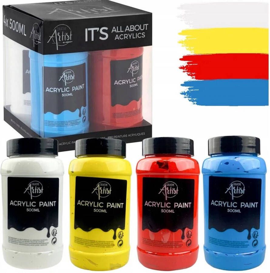 Set van 4x500ml acrylverf Creative Artist super dekkende verf op waterbasis voor beginnende en gevorderde kunstenaars