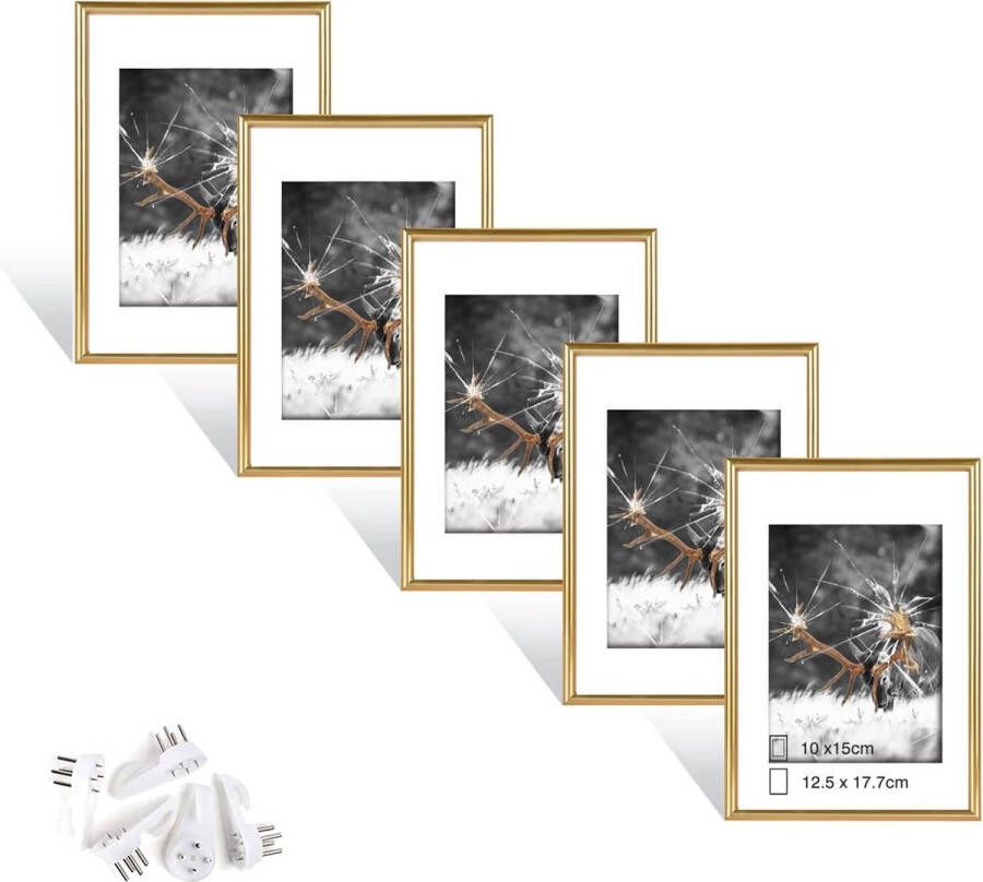 Set van 5 gouden fotolijsten DIN 7 inch (12 7 x 17 8 cm) plexiglas portretlijst met naadloze haak geschikt voor staand en hangend gebruik in de woonkamer decoratieve lijst voor foto's