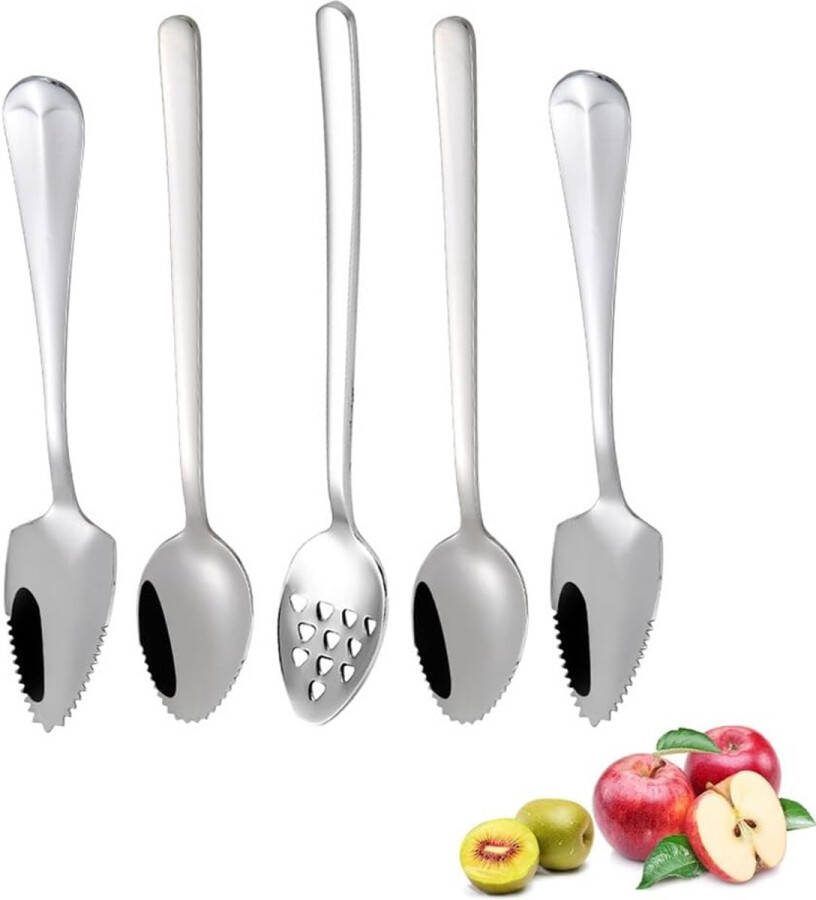 Set van 5 grapefruitlepels roestvrij staal dessertlepel babyvoedingssupplement fruitlepel 4 lepels met tanden en 1 perslepel met gaten voor kiwi appels grapefruits