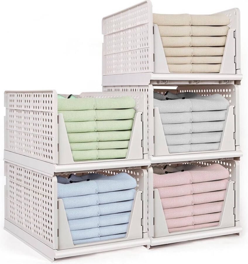 Set van 5 hoge ladeboxen wit stapelbare kledingkast organizer opvouwbare opbergdoos stapelbare kastladen plastic opbergkisten 42 x 33 x 25 cm
