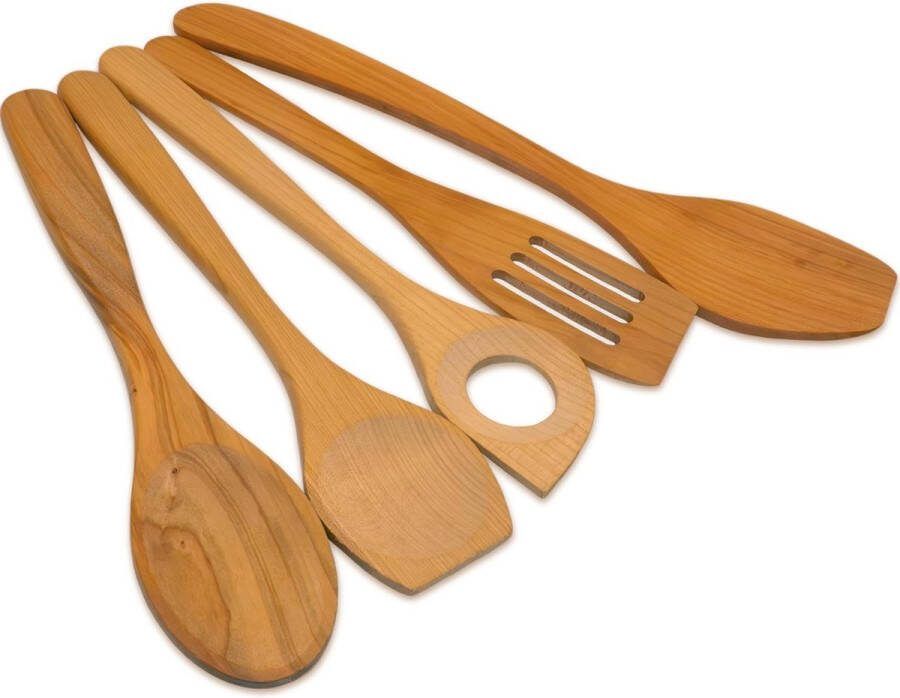 Set van 5 houten keukenhulpen van kersenhout 3 x spatels en 2 x kooklepel in keukenhulp hittebestendig hout