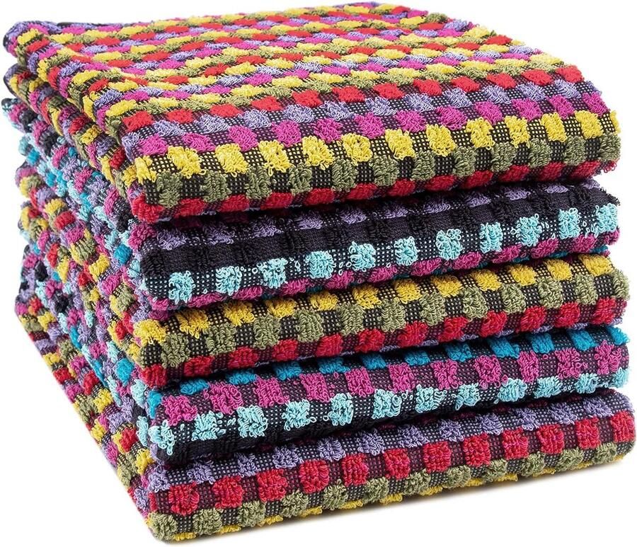 Set van 5 katoenen theedoeken 400g m² 45x90 cm Oeko-Tex gekleurd met sterke absorptie