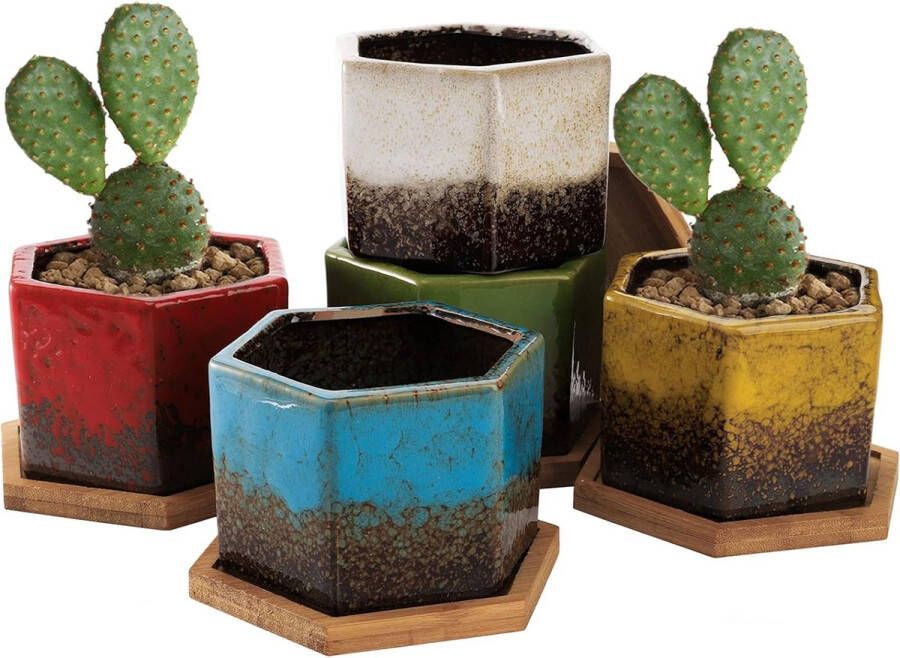 Set van 5 keramische vetplantenpotten 4 2 inch geglazuurde cactuspotten geometrische mini-bloempotten met drainagegat en bamboe dienblad voor thuis- en kantoordecoratie