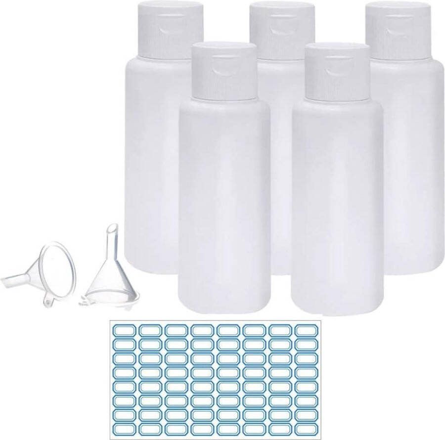 Set van 5 reisflessen voedselveilige kunststof 100 ml zelf vullen flipdop wit transparant medium modern reisflesjes handbagage
