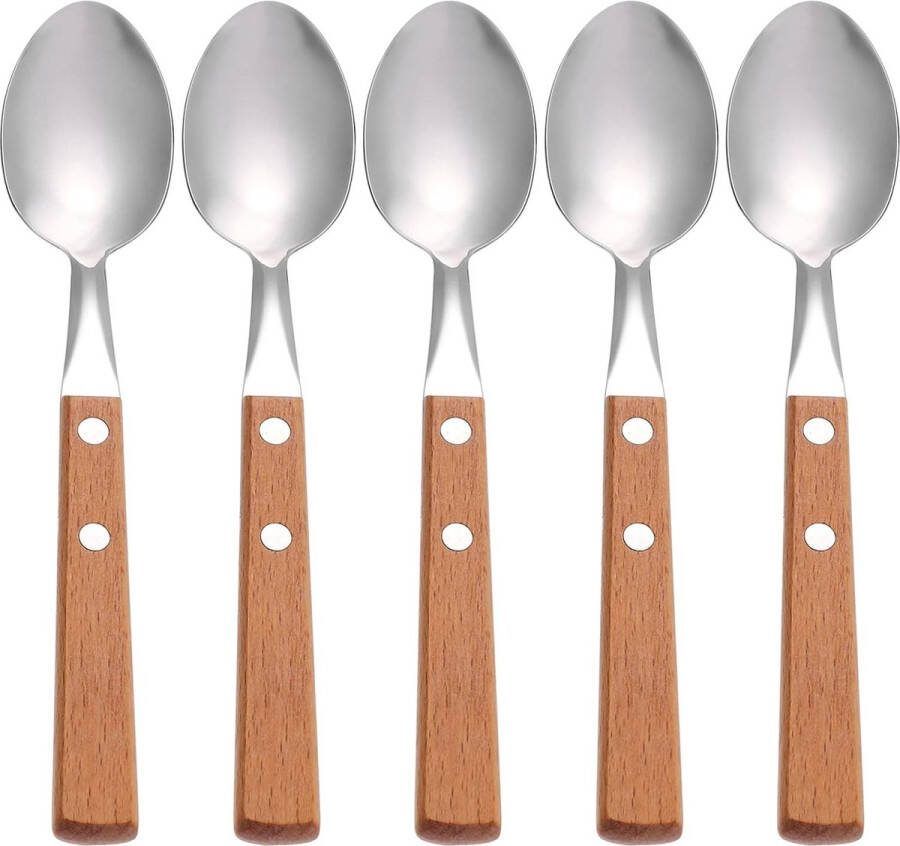 Set van 5 roestvrijstalen dessertlepels met houten handvatten