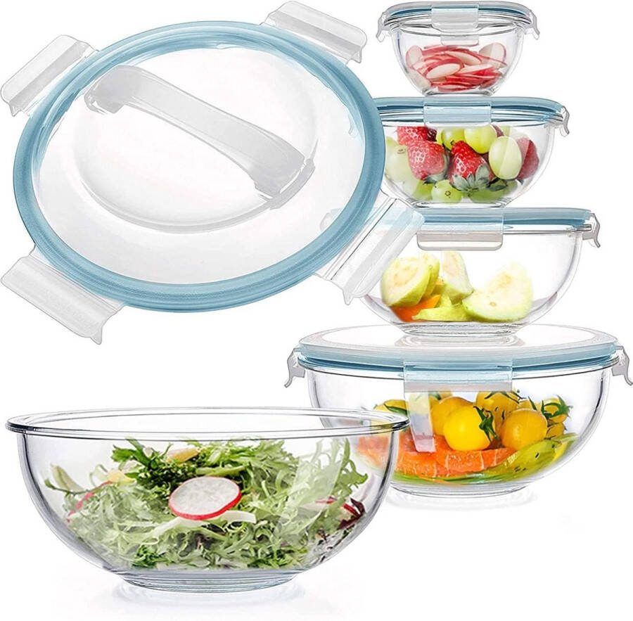 Set van 5 Ruimtebesparende Glazen Mengkommen Nesting Kommen Met Deksels Antislip Salade Kommen BPA-vrij Opslag Koken