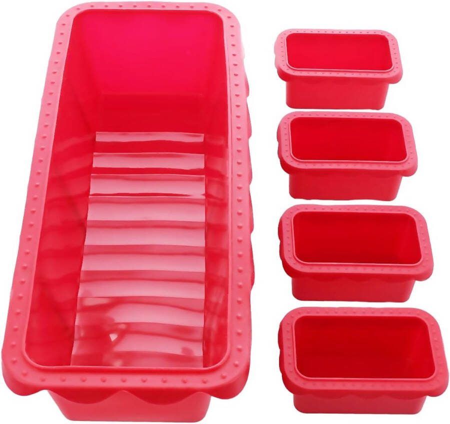 Set van 5 siliconen broodvormen rechthoekig rood 1 x 31 x 13 cm en 4 x 9 x 5 cm siliconen vormen voor het bakken van grote en kleine taarten inclusief 4 recepten