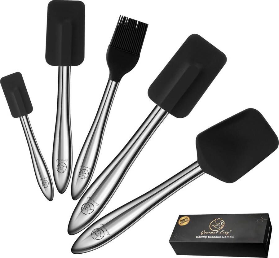 Set van 5 siliconen spatels met roestvrijstalen handgreep hittebestendige deegschraper met siliconen lepel en keukenborstel voor koken en bakken deegschraper van siliconen voor kookgerei met antiaanbaklaag