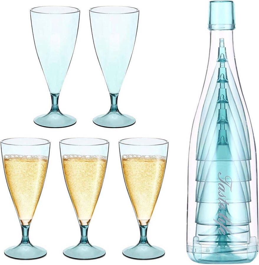 Set van 5 stapelbare champagneglazen herbruikbare wijnglazen set draagbaar champagneglas met verwijderbare voet plastic champagneglazen voor picknicks bruiloften feesten (blauw)