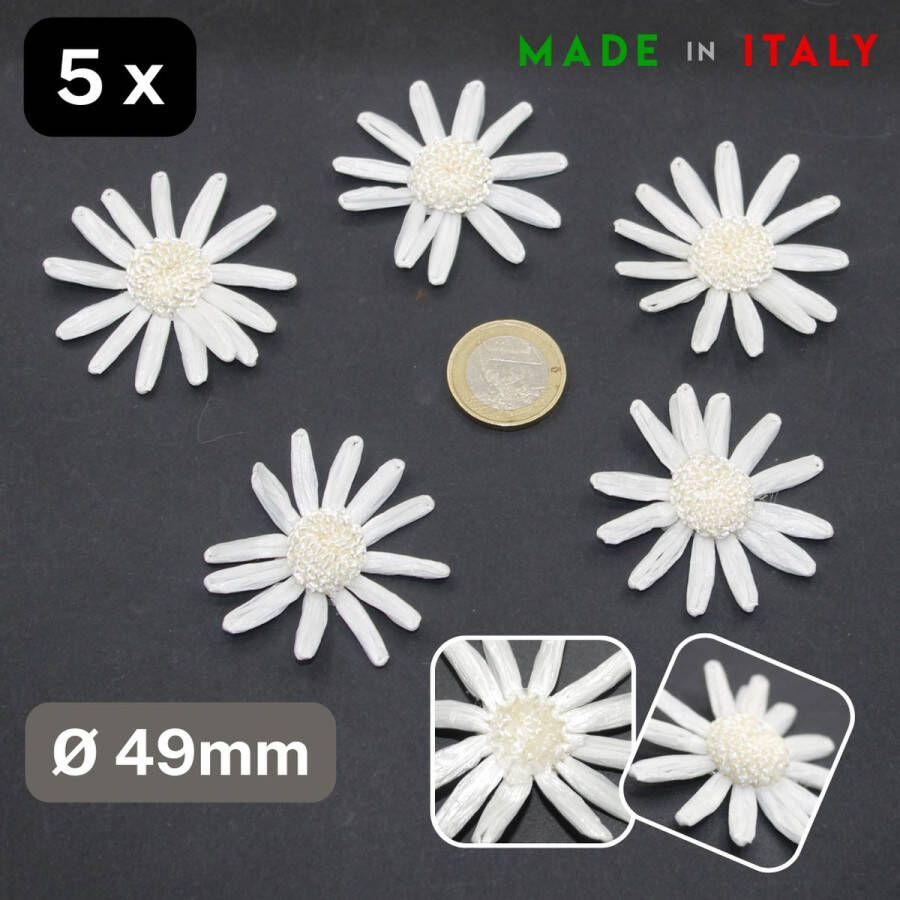 Set van 5 Stuks RAFFIA BLOEMEN om op te Naaien Diameter 49MM Made in Italy PRIMA KWALITEIT Kleur WIT