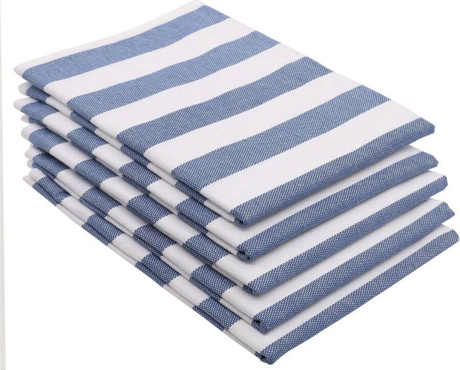 Set van 5 theedoeken katoen in 50 x 70 cm absorberend en modern blauw wit gestreept wasbaar tot 60 °C gastronomische kwaliteit Oeko Tex gecertificeerd