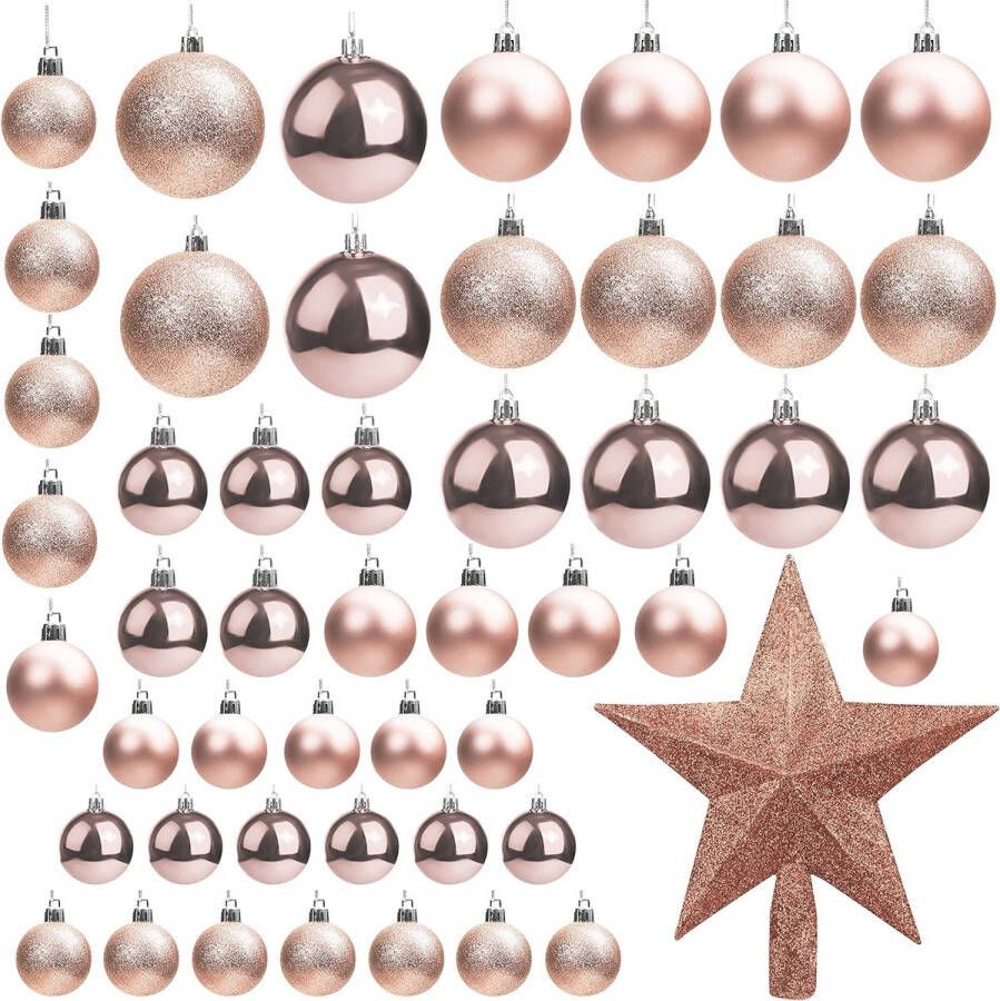 Set van 50 kerstballen Verschillende grootte glinsterende roségouden kerstballen met ster boom top kerstboom bal opknoping ornamenten voor kerstversiering vakantie feest binnen buiten decoraties