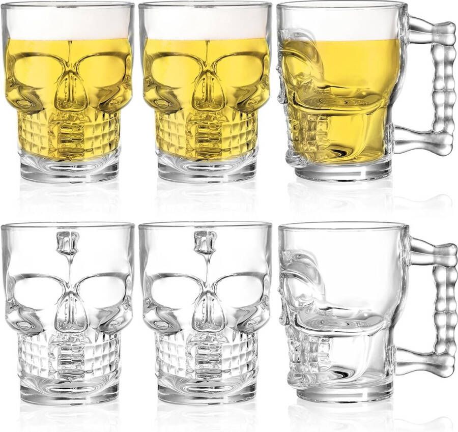 Set van 6 500 ml schedelglazen biermok met handvat zware basis -drinkglazen heldere grappige bierpul voor whisky wijn sap bar Halloween-decoraties Geschenken