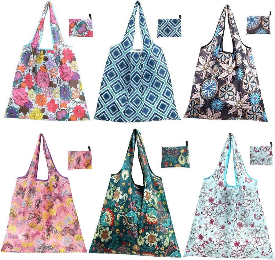 Set van 6 boodschappentassen polyester opvouwbare milieuvriendelijke boodschappentassen waterdichte groenteboodschappentas buitenreizen kamperen en wandelen (wasbaar en stabiel en licht) blauw