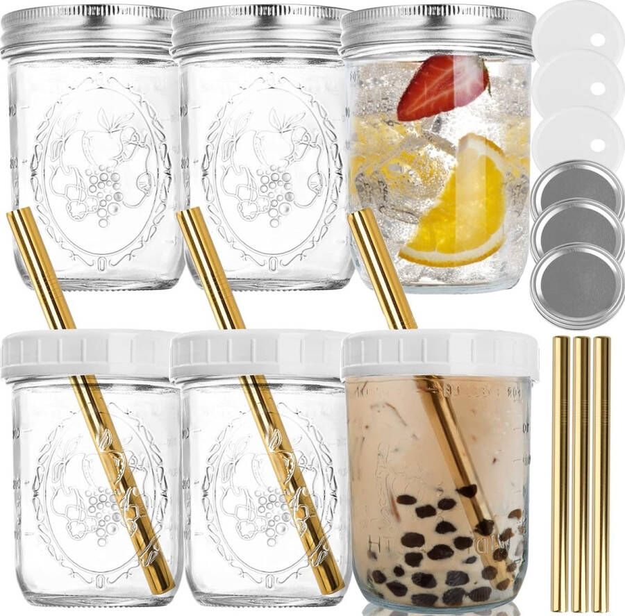 Set van 6 drinkglazen met deksel en rietjes om te drinken inmaakpotten van 470 ml met schroefdeksel glazen bubble tea-beker inmaakpotten van helder glas met schroefdeksel inmaakpotten om in te maken