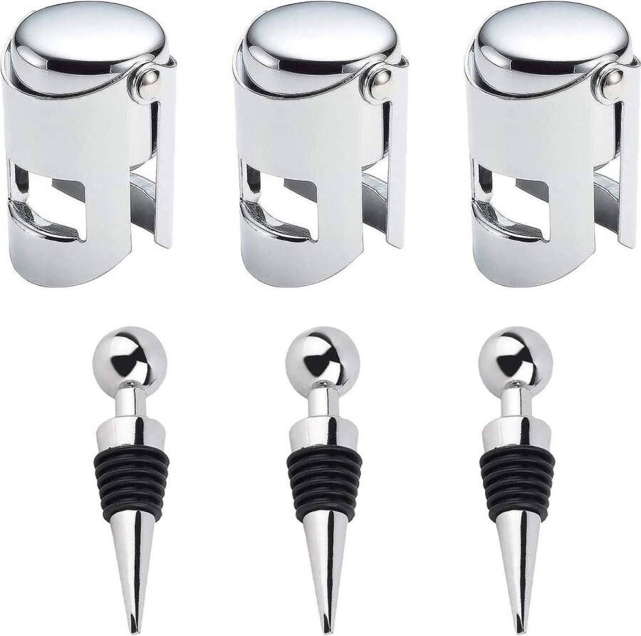 Set van 6 flessensluitingen 3 stuks wijnflesdoppen 3 stuks champagnesluitingen wijnstoppers wijnstopper van roestvrij staal voor wijnverzameling wijn champagne biersaver sealer
