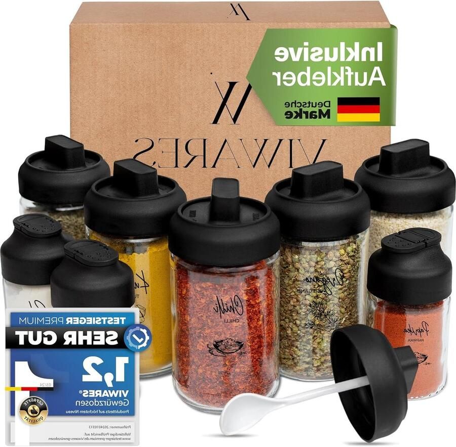Set van 6 glazen kruidenpotjes met lepel Kruidenpotjes met Stickers Bewaren van specerijen Perfecte keukenorganisatie Kruidenpotjes met Stickers