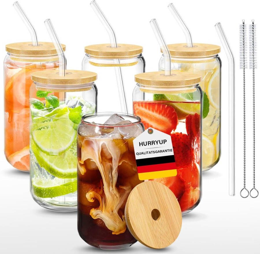 Set van 6 glazen met deksel en rietje 500 ml ijskoffieglazen glazen blikvorm drinkglas met rietje en deksel bubble tea beker cocktailglazen voor koffie smoothie