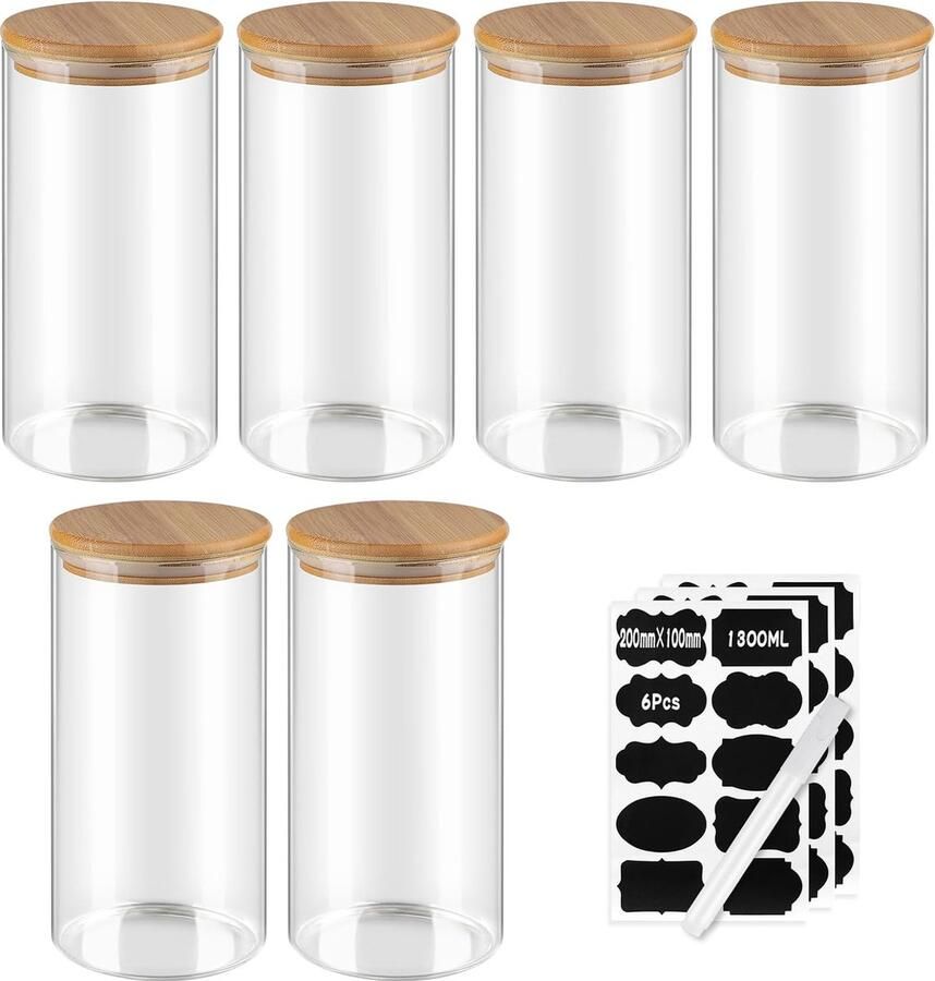 Set van 6 glazen potten van 1.300 ml 20 8 x 10 x 10 cm luchtdichte kruidenpot met deksel van bamboe opbergpot voor keuken met etiket voorraadpot voor granen notenpoeder