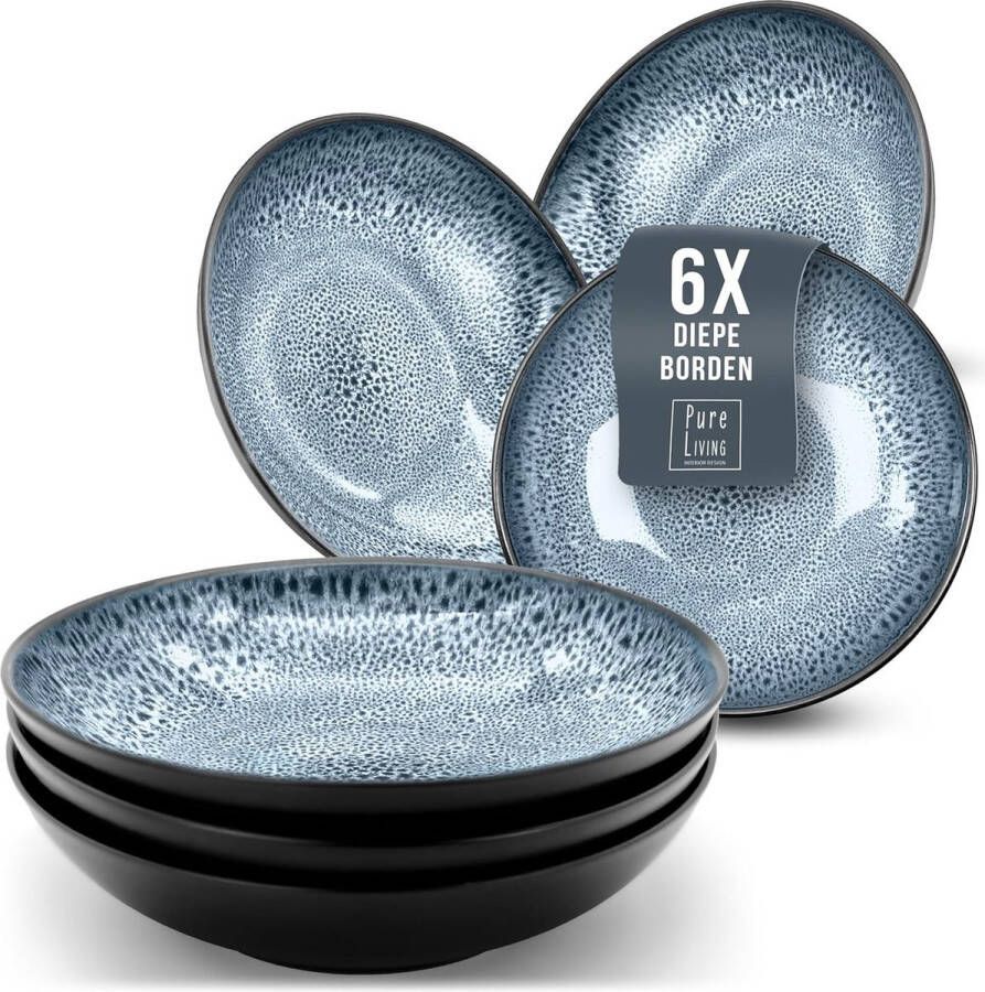 Set van 6 Grote Steengoed Diepe Borden Luxe Pastaborden of Soepborden Stijlvolle Pastagerechten voor 6 Personen Serviesset Dinerborden Servies Pure Living in rokerig blauw