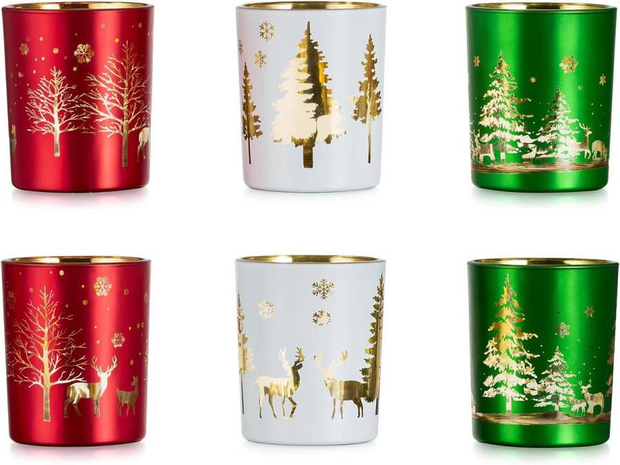 Set van 6 kandelaars voor decoratie Kerstmis: cadeaus voor kerstglas kaarsenhouder windlicht theelichthouder voor Kerstmis tafel party decoratie
