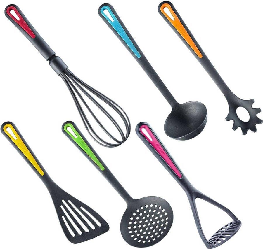 Set van 6 keukenhulpjes spatel schuimspaan spaghettilepel soeplepel aardappelstamper garde Colour Edition keukengerei