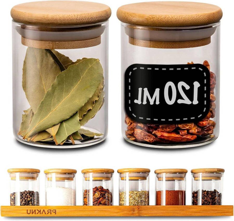 Set van 6 kruidenpotjes 120 ml met rekje en etiketten Luchtdicht Vaatwasmachinebestendig Keukenorganisatie Specerijen kruiden en thee Kruidenpotjes