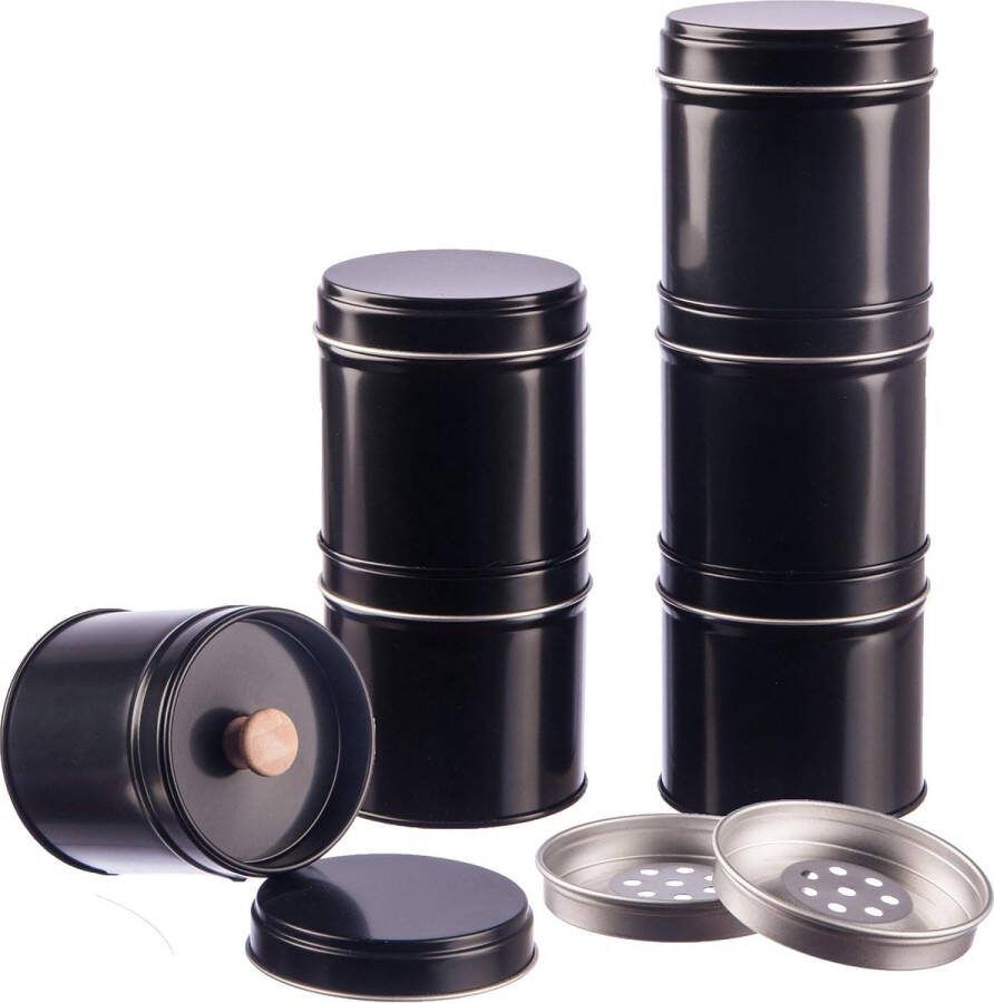 Set van 6 kruidenpotjes zwart stapelbaar met extra aromadeksel incl. 6 etiketten + 2 strooi-inzetstukken Hoogte: elk ca. 6 5 cm elk ca. 6 cm blikjes materiaal: blik BPA-vrij en