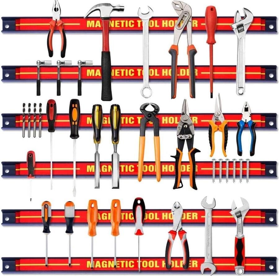 Set van 6 magneetstrips 46 cm Magneetrail Magnetische Gereedschapshouder Wand Incl. Montagemateriaal Magneetstrip Gereedschap Magneet Gereedschaplijst Magneethouder Werkplaats Rood