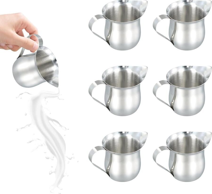 Set van 6 melkkannetjes mini-melkopschuimkannen kleine kannetjes voor koffieroom roomkannen roestvrij staal 90ml 3oz kleine melkkannetje espresso melkopschuimkannetje koffiekopje melkkannetje