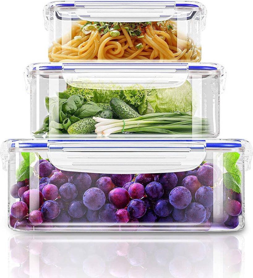Set van 6 opbergcontainers met deksels (3 containers 3 deksels) voedselopslagcontainers voor keukenopslag BPA-vrije keukenorganizer (blauw)