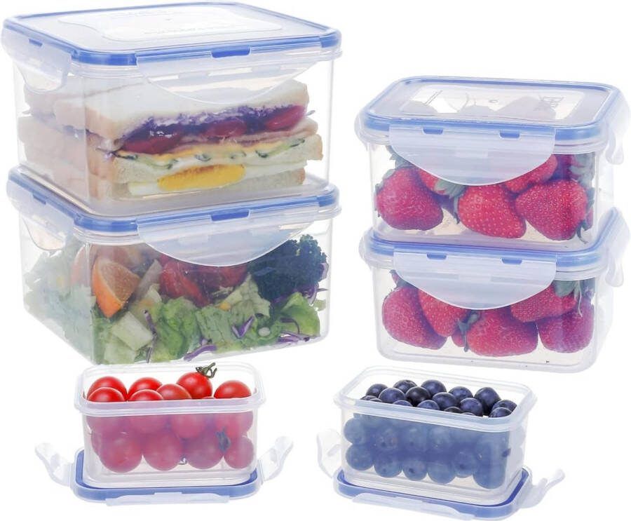 Set van 6 plastic voedselbewaarcontainers van 1250 ml 500 ml 180 ml set met deksel lunchbox opbergdoos keuken maaltijdbereidingsdozen vleeswarendozen voor de koelkast vierkante vriescontainers